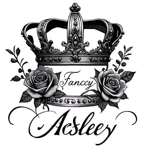 Crown with roses and the name Ashley fancy script surrounded tattoo design idea