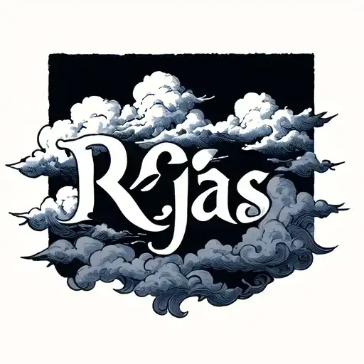 The word Rojas with clouds in the back tattoo more simple and the r in cursive tattoo design idea
