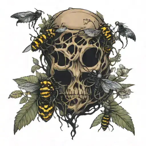 A dangling empty wasps nest, with a skeleton fused into it  tattoo design idea