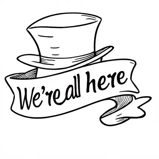mad hatter hat, banner saying we're all mad here tattoo design idea