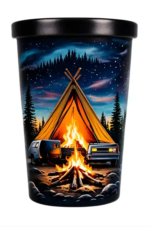 tent, camper car, campfire tattoo design idea