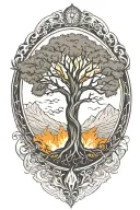 Tree of life, Baldur tattoo in the center, underneath a phoenix rising from the ashes tattoo design idea