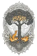 Tree of life, Baldur tattoo in the center, underneath a phoenix rising from the ashes tattoo design idea