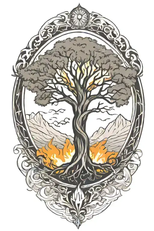 Tree of life, Baldur tattoo in the center, underneath a phoenix rising from the ashes tattoo design idea