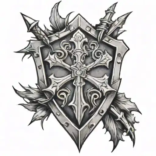 nail cross wrapped in thorns on battle shield maiden tattoo design idea