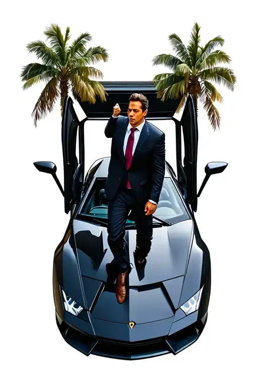 The Wolf of Wall Street - Jordan Belfort trying to enter the Lamborghini, with a slightly blurred effect that represents tattoo design idea