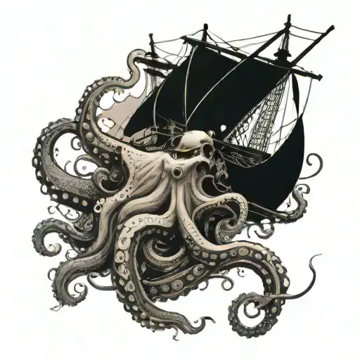 giant octopus attacking old ship tattoo black and white tattoo design idea