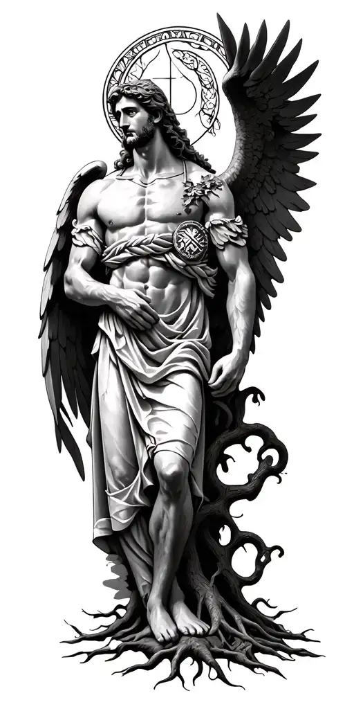 Saint Michael the Archangel and tree of life intertwined tattoo design idea