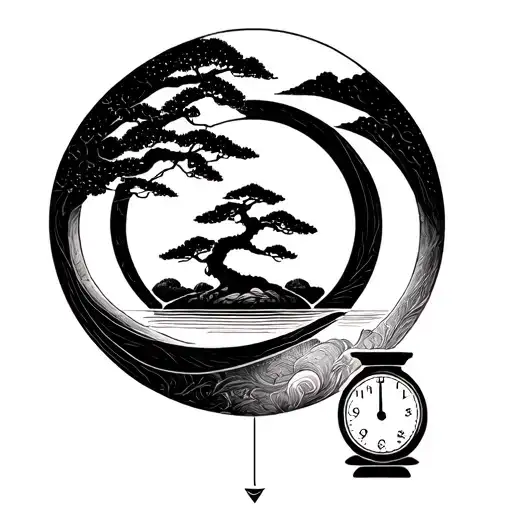 Design me a tattoo that has three combined elements: an Enso circle, a bonsai tree in the middle and a sand clock.  tattoo design idea