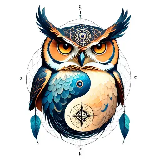 owl, dreamcatcher, ying yang, compass rose tattoo design idea