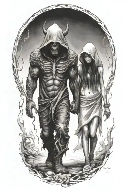 a girl and a huge hooded beast or demon walking side by side holding hands tattoo design idea