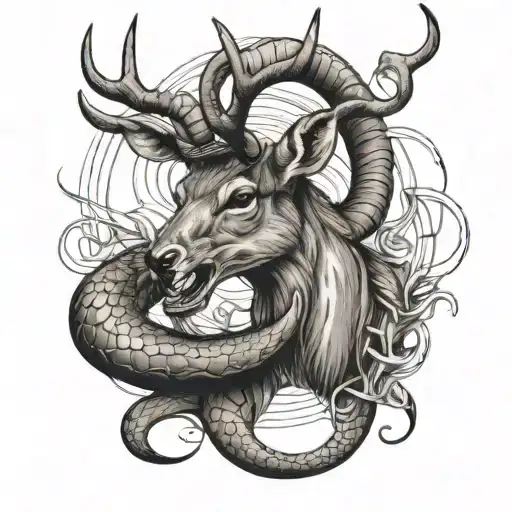 a deer stag eating a black mamba snake wrapped loosely tattoo design idea