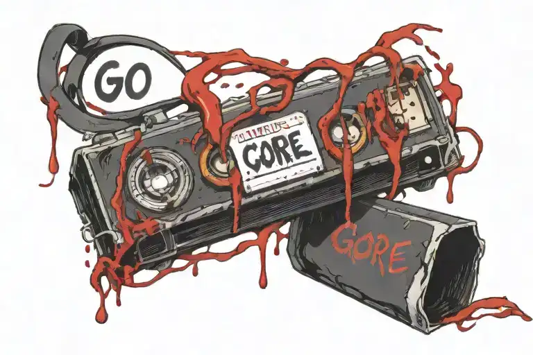 A bloody VHS tape with the word "GORE" written on the tape. tattoo design idea