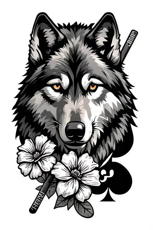 wolf outline from Canadian 50 cent piece, 7 and 2 of spades playing cards, flower intertwined, hockey stick tattoo design idea