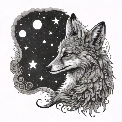 An intricate dotwork design of a renard gazing up at the stars, embodying a sense of wonder and positivity tattoo design idea