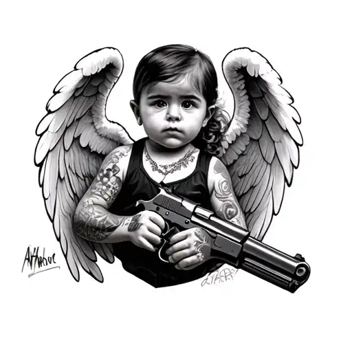 gangster Angel baby cute girl with tattoos holding gun tattoo design idea