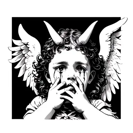 cherub angel crying with devil horns tattoo design idea