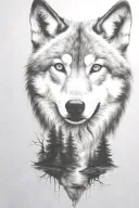 wolf cub, moon, forest, river, adult wolf, smoke rising tattoo design idea