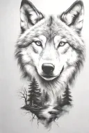 wolf cub, moon, forest, river, adult wolf, smoke rising tattoo design idea
