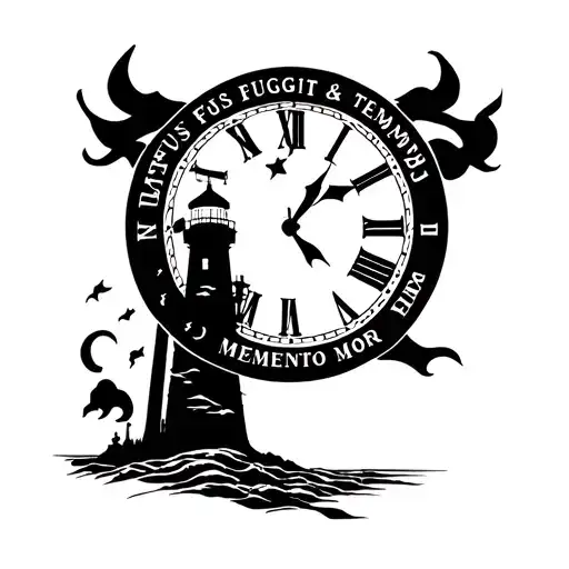 clock with text "TEMPUS FUGIT" above and "MEMENTO MORI" below and a lighthouse in the clock tattoo design idea