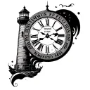 clock with text "TEMPUS FUGIT" above and "MEMENTO MORI" below and a lighthouse in the clock tattoo design idea