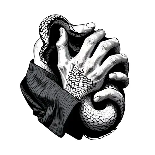 A cardigan, from which a hand comes out of the sleeve with a serpentine wrapped tattoo design idea