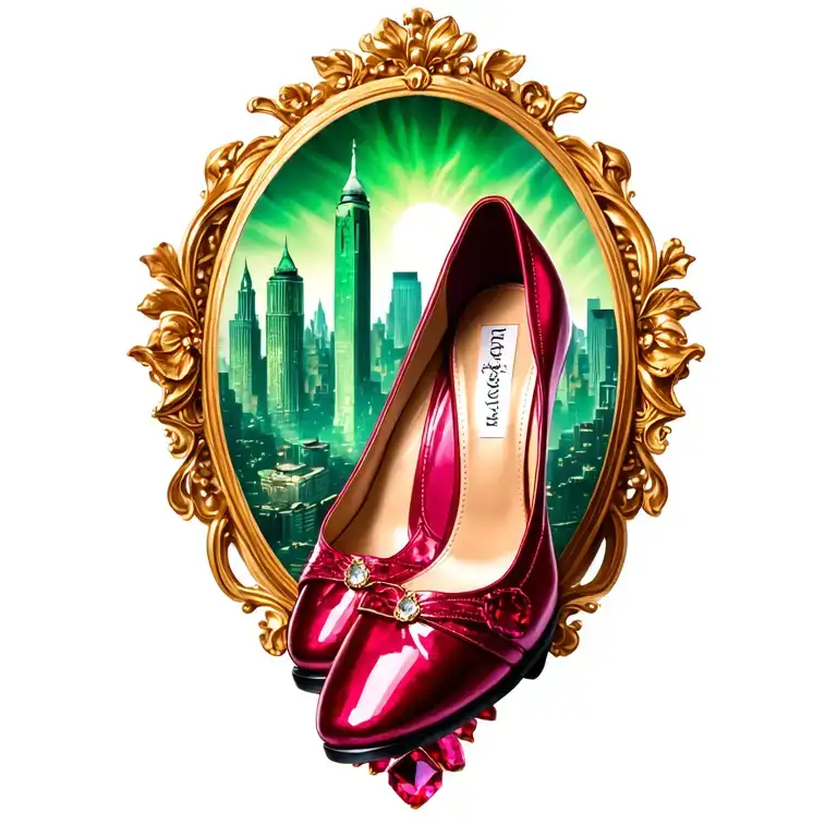 low heal ruby slippers with emerald city in background tattoo design idea