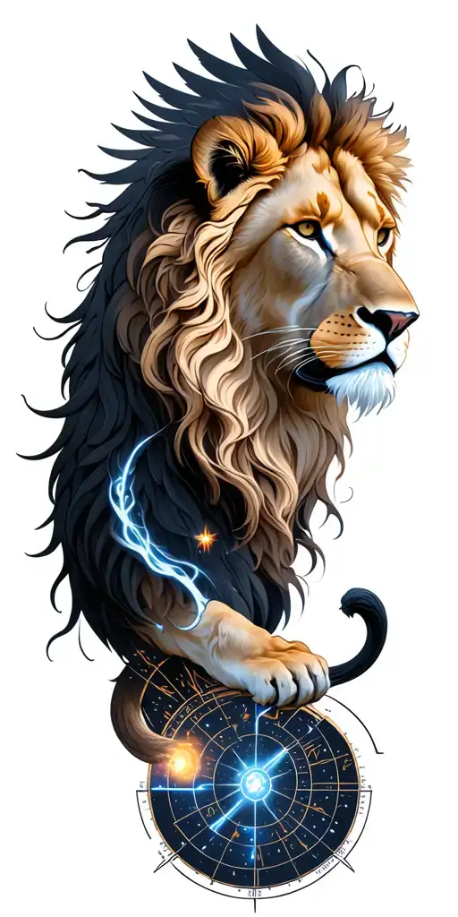 lion, astrology, angels, demons, star chart, universe geometry, element harmonics, perseverance expressions tattoo design idea