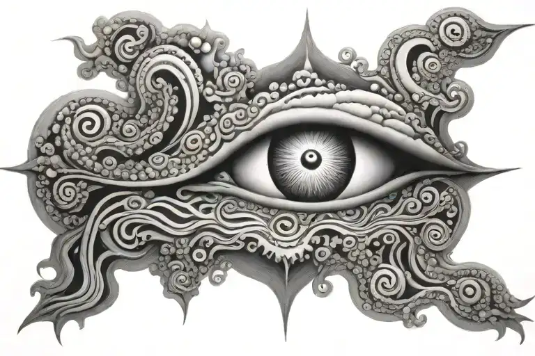 alex grey hundreds of individual eyes like fractal clouds forming over a horizon  tattoo design idea