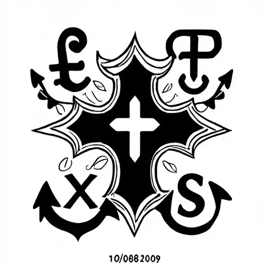 make a tattoo with a cross a trefoil a anchor an e letter a treble clef an x letter an s letter and the date 10/08/2009 tattoo design idea