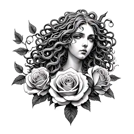 medusa surrounded by roses entwined tattoo design idea