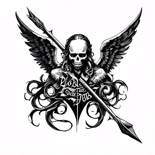 neck tattoo of a angel of death with spear going through the words tattoo design idea