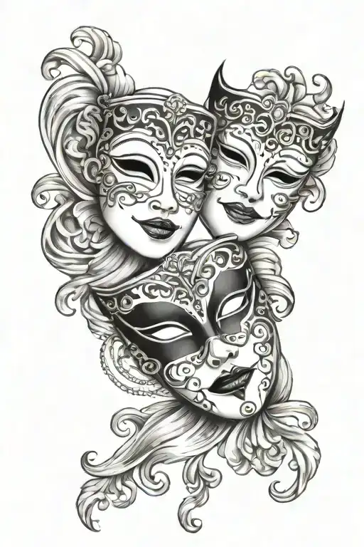 Design a black and white tattoo that includes two classic theater masks: a happy mask and a sad one. The masks should be connected by a thin thread that connects them in a fluid and elegant way. As a background, include a stylized cloud that is visible but does not overwhelm the design, adding a touch of depth to the whole. Keep all the details in black and white, with a balance between soft shadows and defined lines to give it a realistic and artistic look. tattoo design idea