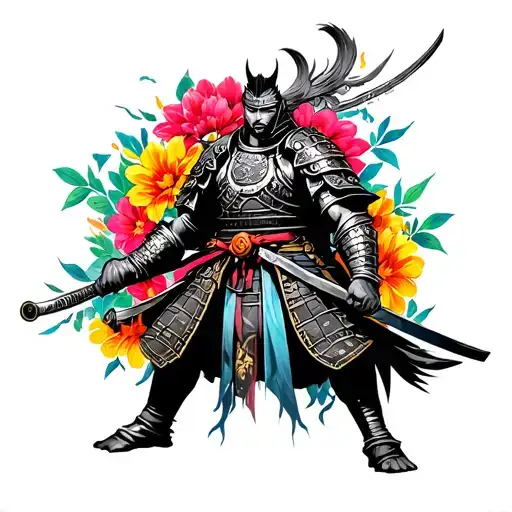 drak samurai with colorfull flowers coming from his armor tattoo design idea