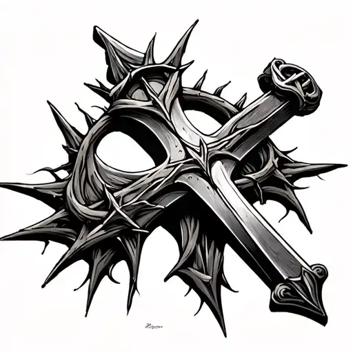 Cross looking like a sword with the crown of thorns hanging on the handle tattoo design idea