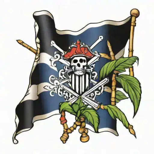 Dominican republic flag transitioning to pirate flag with sugar cane plant on left side tattoo design idea
