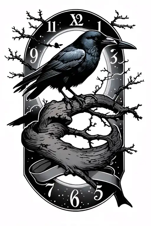 night sky filler, crows, tree branch, time, ribbon tattoo design idea