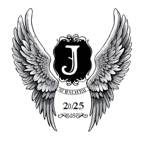 small tattoo with angel wings, the letter J and the date 22/05/2025 in Roman numerals tattoo design idea