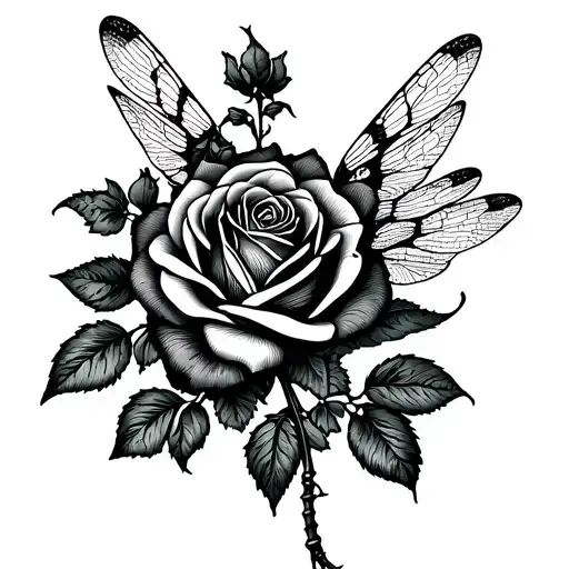 Rose and dragonfly with open wings tattoo design idea
