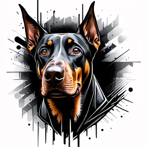 Doberman head stencil black and white with abstract patterns and shading  tattoo design idea