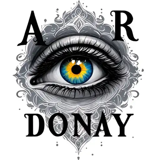 I want a black and white azor but the eye with its color, surrounded by the letters, Adonay tattoo design idea
