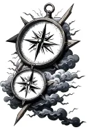 two compasses surrounded by clouds and lighting storm tattoo design idea
