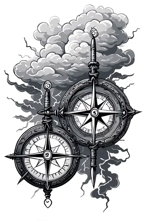 two compasses surrounded by clouds and lighting storm tattoo design idea