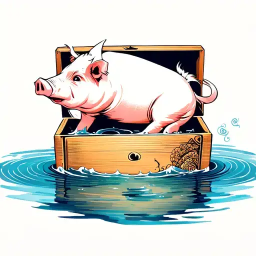 Pig in wooden box floating in water tattoo design idea