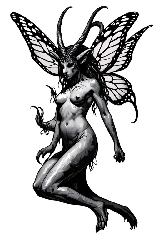 baphomet, full body, flying, posed in a side profile with butterfly wings.  y2k fairy style. tattoo design idea