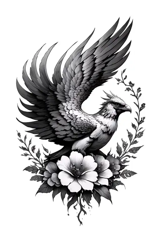 phoenix rising from the ashes with flowers, pretty & feminine tattoo design idea
