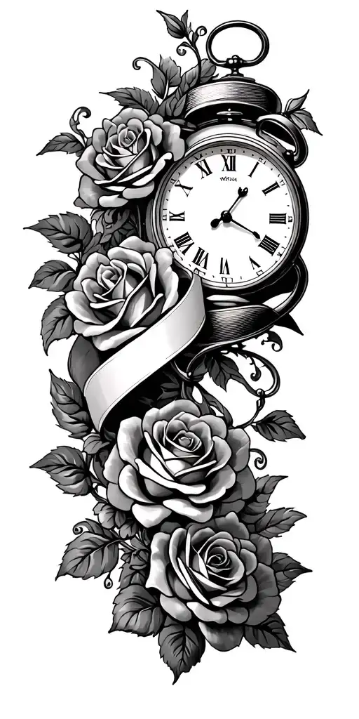 banner, roses, time clock, tattoo design idea
