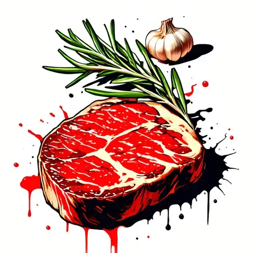 a steak, a clove of garlic, a sprig of rosemary and a cast iron pan. tattoo design idea