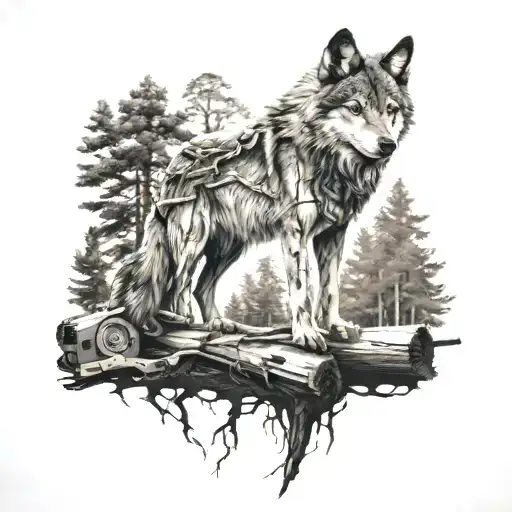 a wolf and a forest in front of him a stump in the middle and a chainsaw on it tattoo design idea