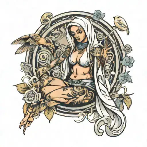 Create an image of amercain traditional flash nun not religious women posing sexy laying with  with in a swimwear    tattoo design idea
